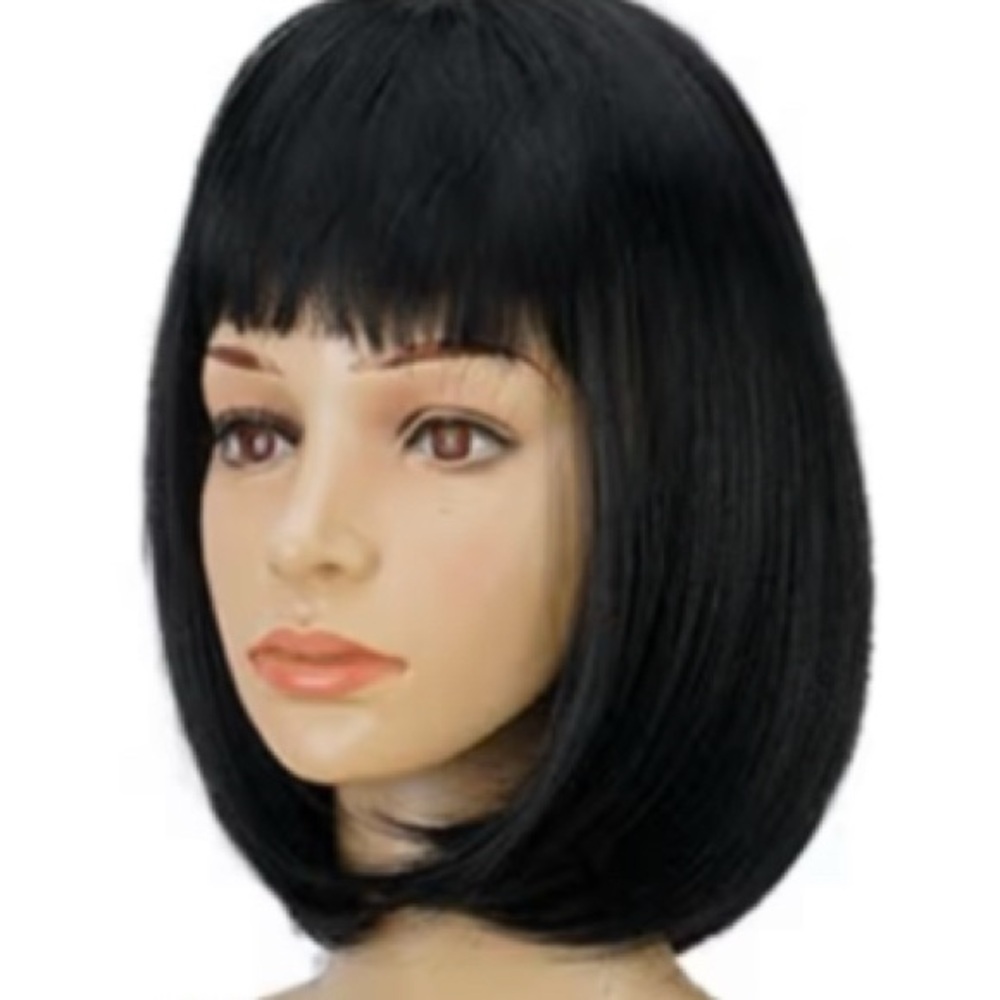 Sleek Black Bob Wig Straight Black 12 Inch Cute Natural Synthetic Hair - Picture 5 of 5